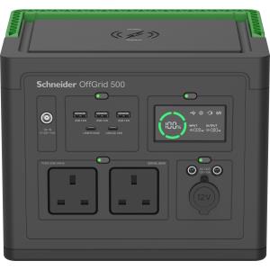 Schneider OffGrid Portable Power Station 500, 230V, 517Wh Lithium-ion, LCD, UK Type G Plug, Sinewave, 3 USB-A, 2 USB-C, Wireless Charger
