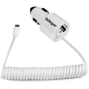 Dual-port Car Charger - USB With Built-in Micro-USB Cable - White