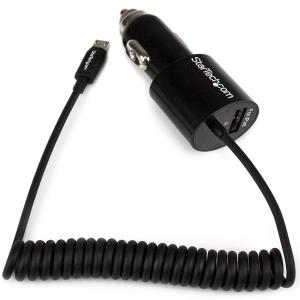 Dual-port Car Charger - USB With Built-in Micro-USB Cable - Black