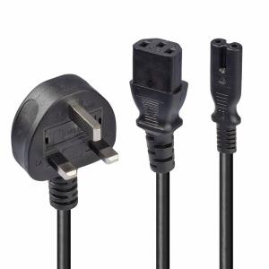 Splitter Extension Cable - 1 X Uk 3 Pin Plug To Iec C13 And Iec C7 - Black - 2.5m